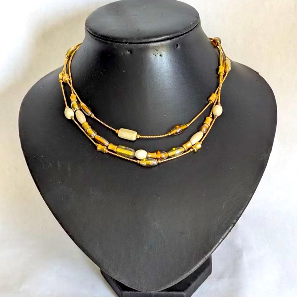 Vintage 3 Strand Beaded Necklace SIGNED JONES NEW YORK Gold Tone Excellent Cond.